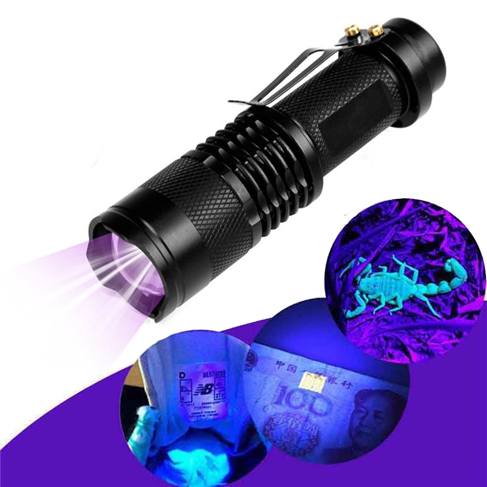 Mini LED Zoomable UV Flashlight Ultraviolet Flashlight Black Light Fake Bill and Urine Stain Detector- Battery Operated