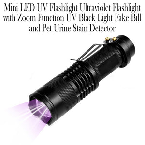 Mini LED Zoomable UV Flashlight Ultraviolet Flashlight Black Light Fake Bill and Urine Stain Detector- Battery Operated