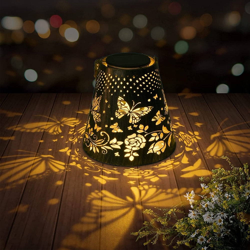 Solar Powered LED Hanging Lantern Butterfly Flower Projection Lamp